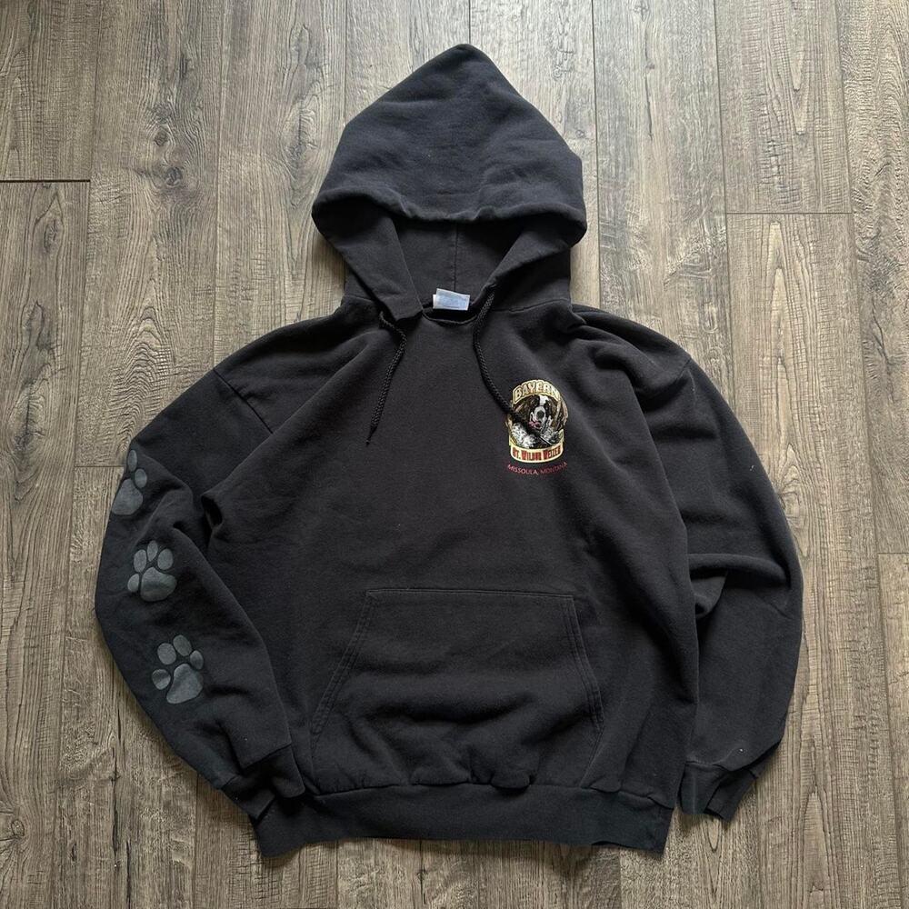 Vintage 00s Black Faded Missoula Montana Dog Paw Print Cotton Hoodie